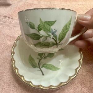 W.S. George Vintage Tea Cup & Saucer - Scalloped Gold Rim & Leaf Motif